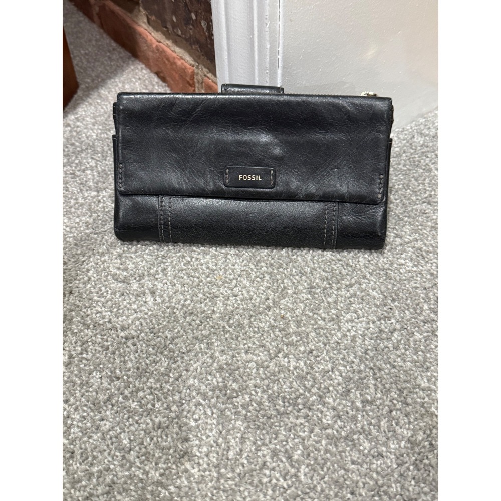 Fossil Black Leather Bifold Clutch Wallet Organizer Contrast Stitching